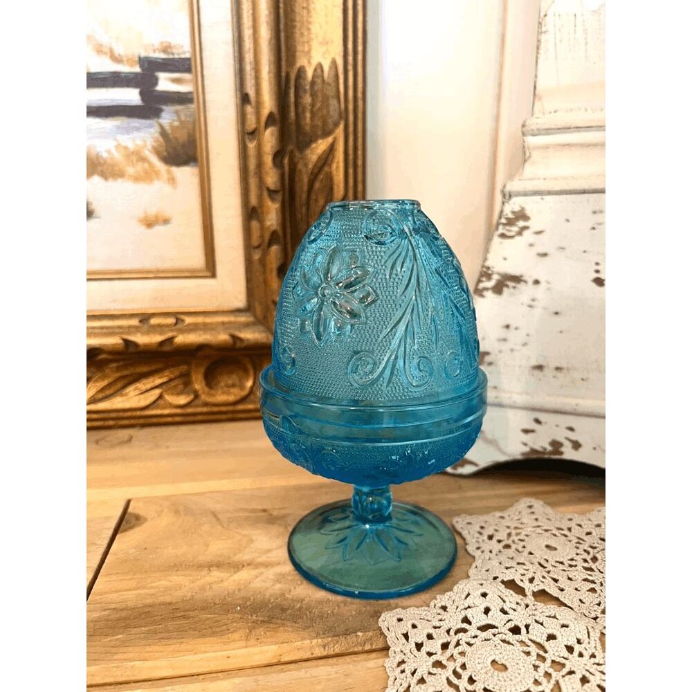 Vintage Indiana Glass Tiara Blue Sandwich Fairy Lamp — 2 Piece Footed Candle Hol
